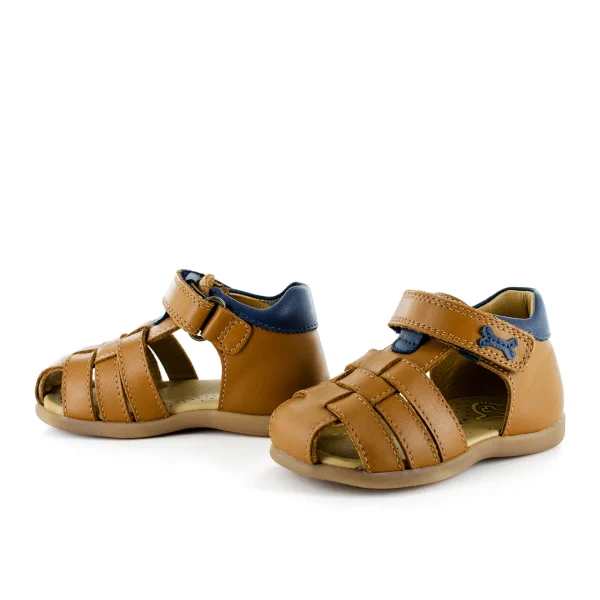 New calf cuoio + navy Sandalen